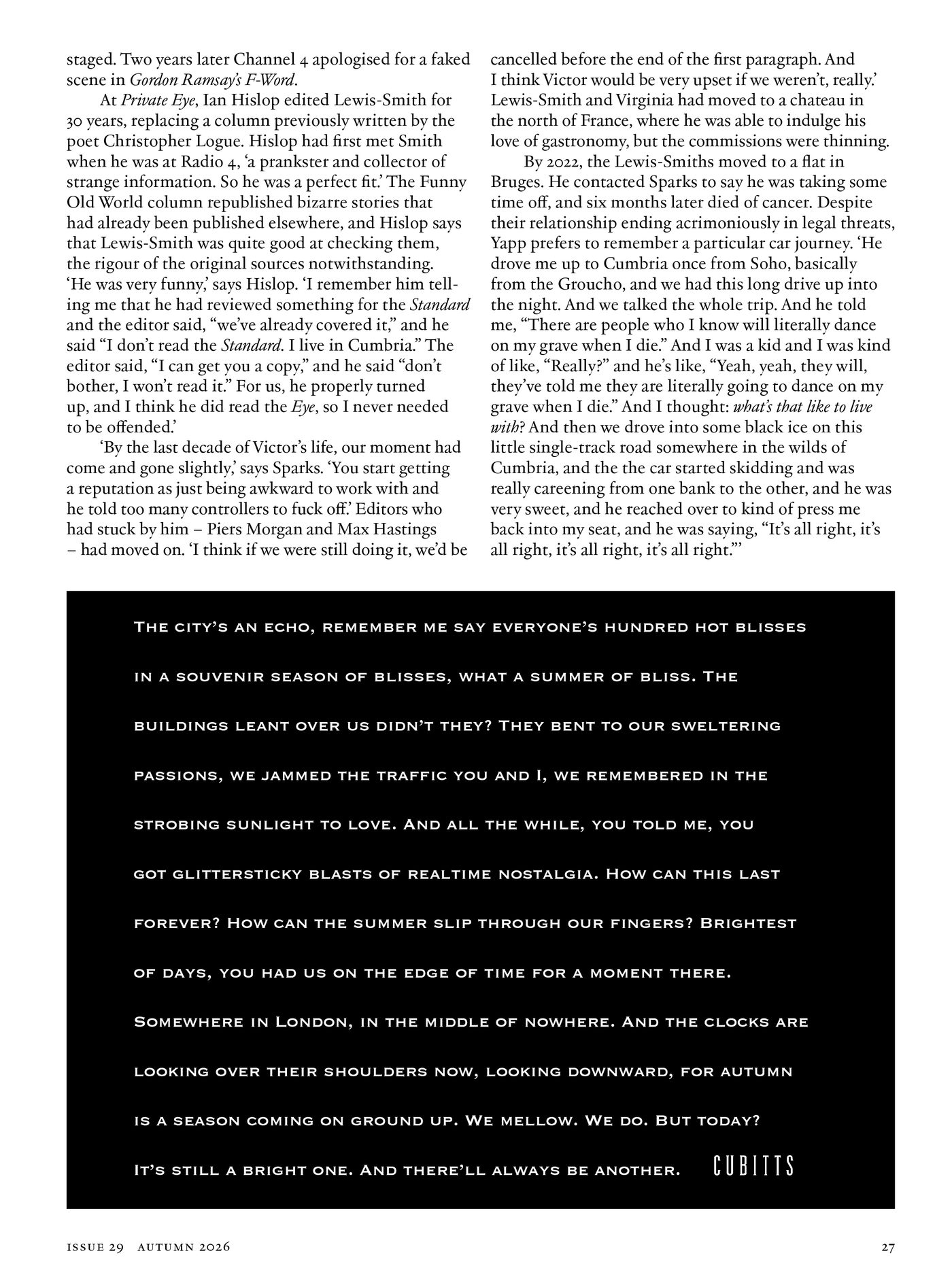 A page of The Fence carrying a Cubitts advertisement: a prose poem about a London summer, set in white letterspaced capitals on black beneath the editorial.