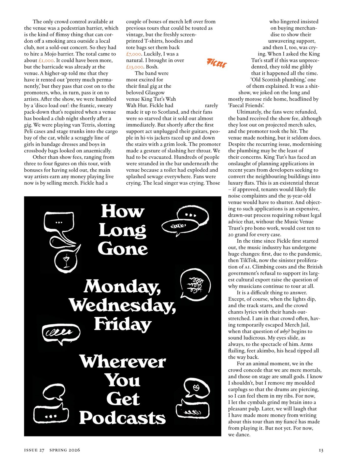 A page of The Fence carrying an advertisement for the podcast How Long Gone: heavy white lettering and hand-drawn speech bubbles on a black panel, set into the foot of an article.